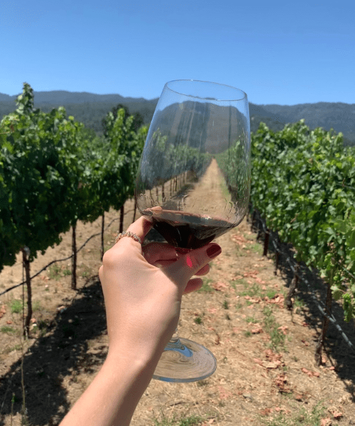A wine glass filled with red wine placed on a wooden table in front of Napa Valley vineyards, showcasing the picturesque landscape and scenic views of the region's vineyards.