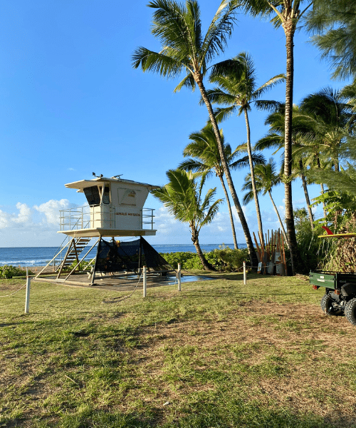 View of Hanalei Bay with a lifeguard stand on the beach in Kauai, Hawaii, featuring lush mountains and turquoise ocean waters.