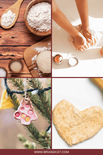 Top left: Ingredients for salt dough including flour and salt on a wooden table.