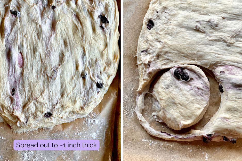 Hands cutting out homemade blueberry English muffin dough with a round cutter, preparing them for cooking. Fresh blueberries are visible in the soft dough.