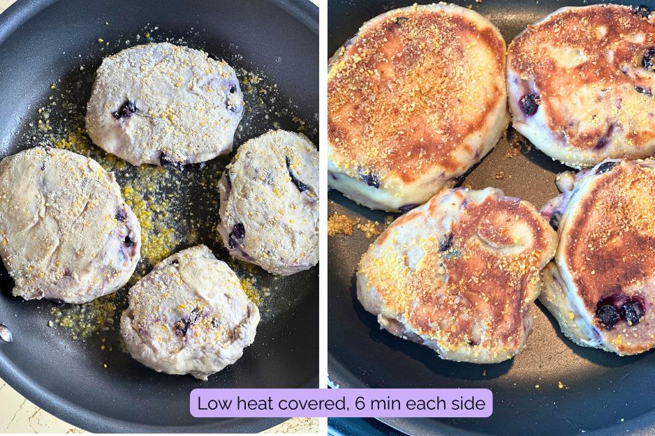 Homemade blueberry English muffins cooking in a skillet, turning golden brown with fresh blueberries visible in the dough.