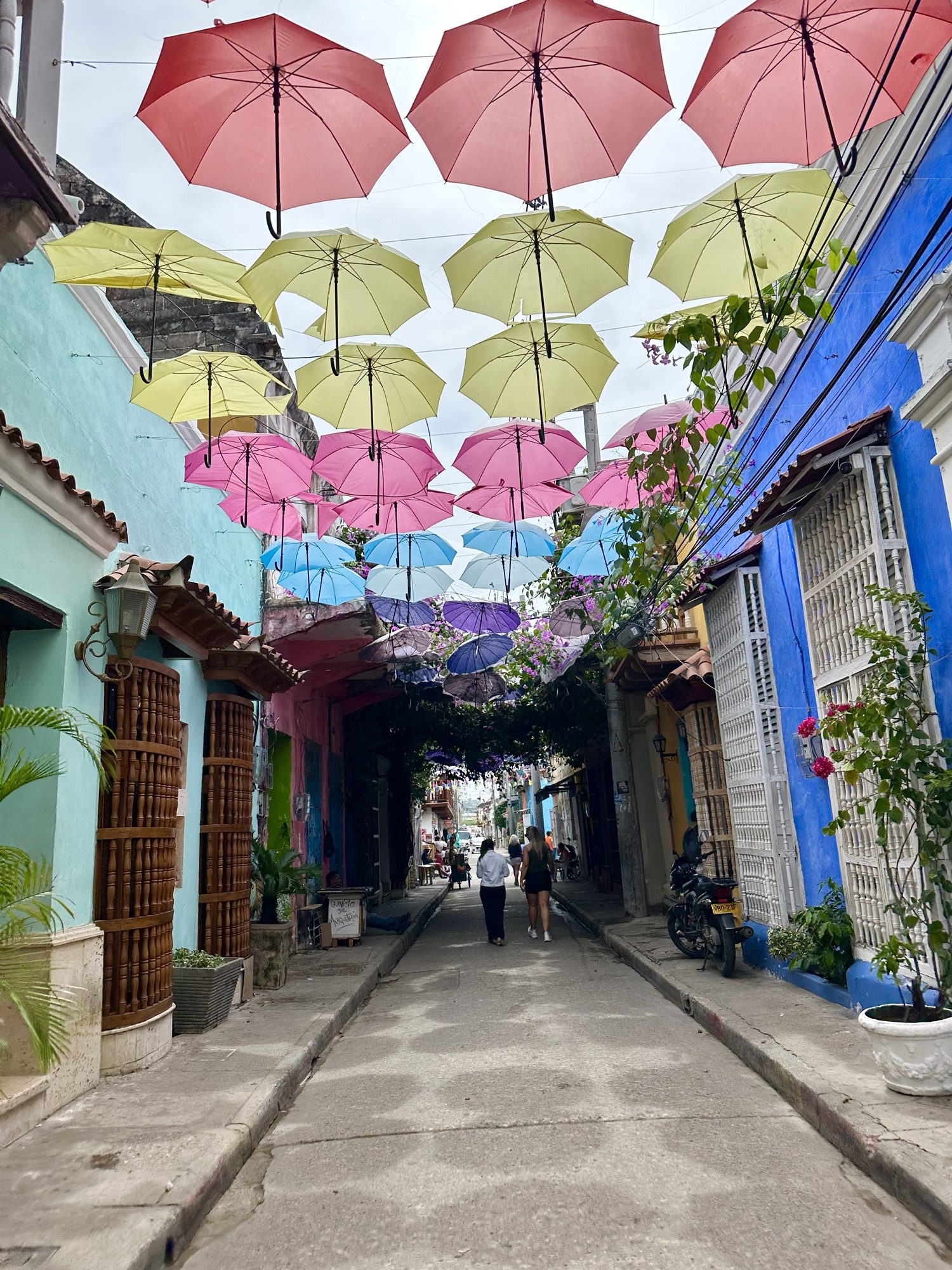 Colorful umbrellas hanging above a street in Getsemaní, Cartagena, Colombia, creating a vibrant and picturesque scene in this historic neighborhood.