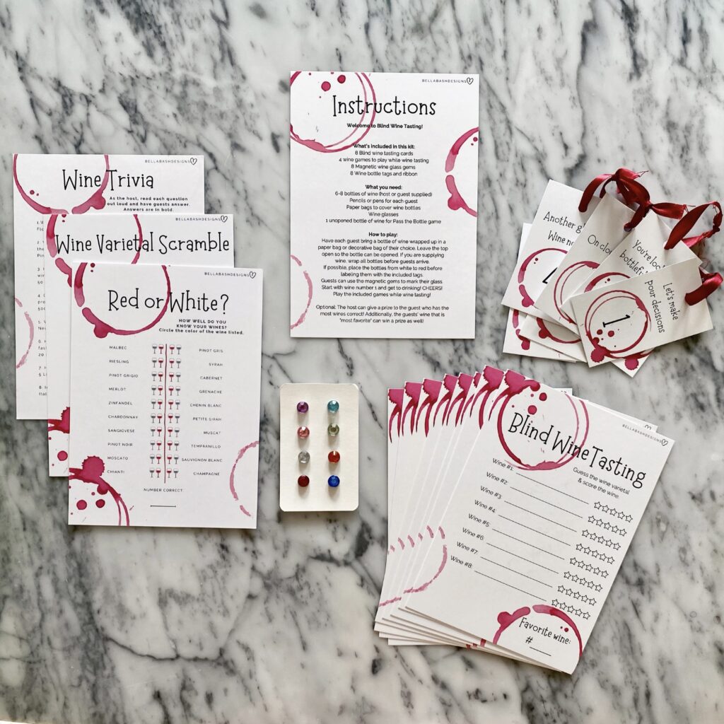 Wine party kit with tasting cards for wine evaluation at a wine tasting event.