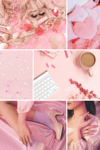 A collage of soft girl aesthetic items, including pastel pink accessories, makeup, fluffy pillows, heart-shaped decor, a stylish keyboard, and a cup of coffee. The overall vibe is cozy, dreamy, and feminine.