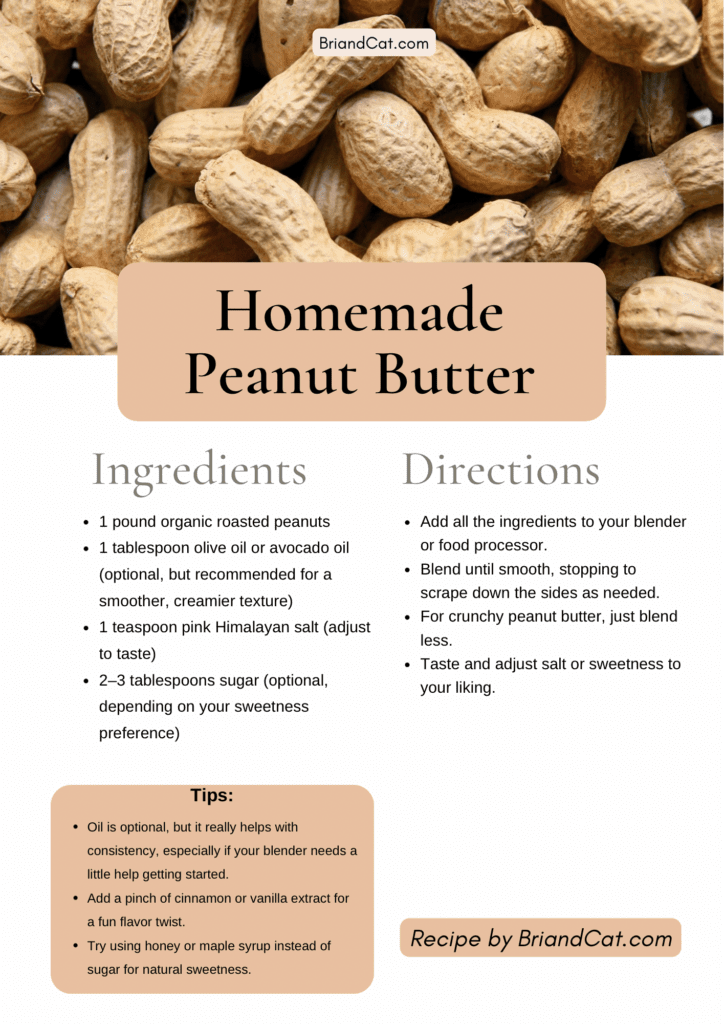 Step-by-step image showing how to make homemade peanut butter using roasted peanuts in a food processor.