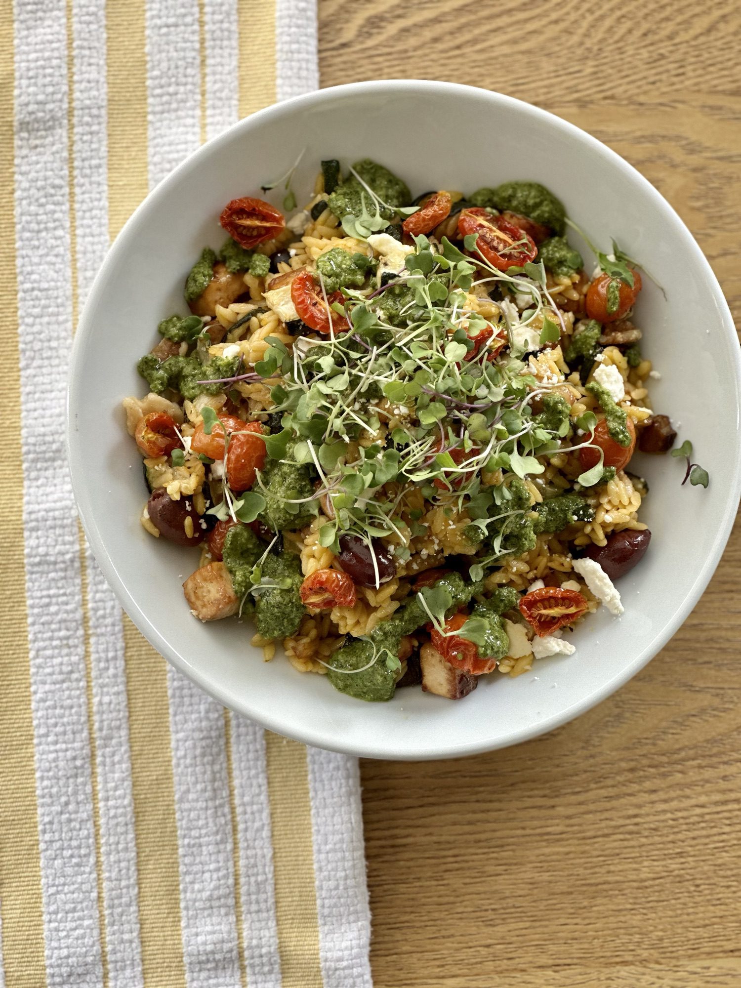 Orzo Pasta Salad with Tofu, Roasted Veggies, and Pesto: A Meal Prep Favorite