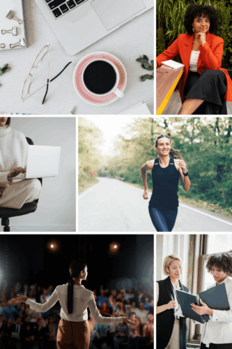 A flat lay of a laptop, glasses, and a cup of coffee on a desk.