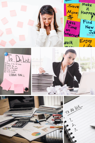 A stressed woman with her hands on her head surrounded by colorful sticky notes with motivational phrases.