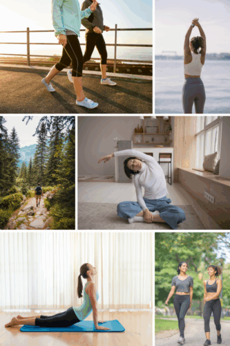 A collage of women engaging in various forms of physical activity, including walking, stretching, and exercising indoors and outdoors.