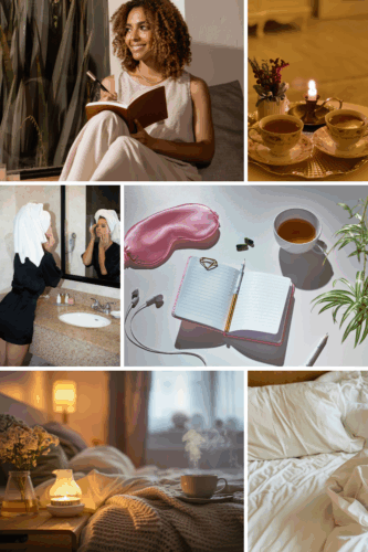 A woman sitting on a bed, smiling while writing in a notebook.