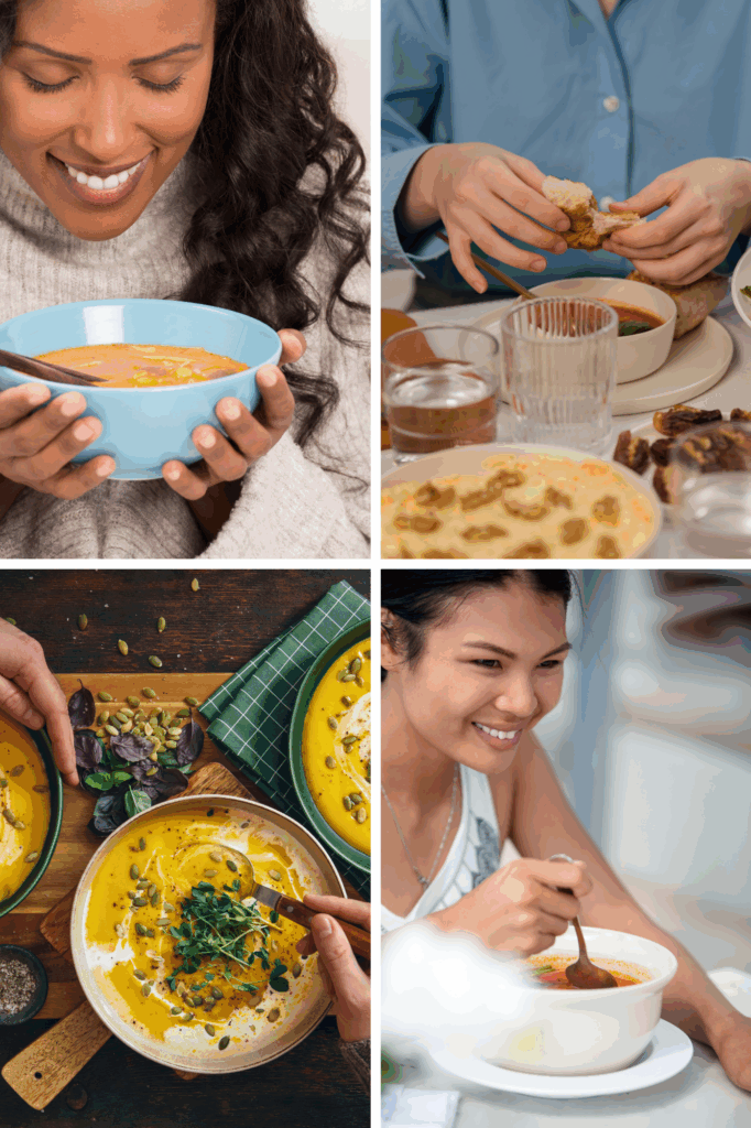 A woman smiling while holding a blue bowl of soup, showcasing a cozy and warm atmosphere.