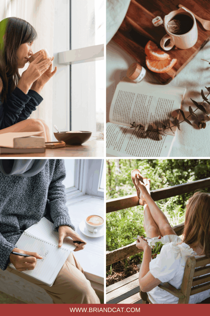 A woman sits by a window, enjoying a warm beverage and reading a book.