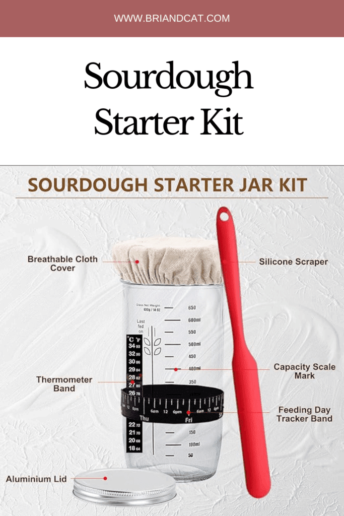 A sourdough starter kit displayed in a labeled graphic, featuring a glass jar with a breathable cloth cover, silicone scraper, thermometer band, and aluminum lid, all designed for sourdough fermentation.