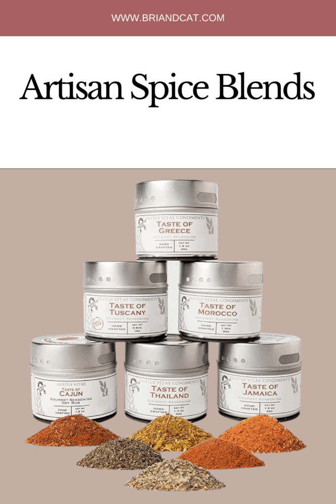 An arrangement of artisan spice blends in silver containers labeled 'Taste of Greece', 'Taste of Tuscany', 'Taste of Morocco', 'Taste of Thailand', 'Taste of Jamaica', and 'Taste of Cajun', with colorful spice piles in front.