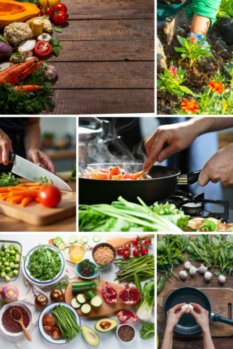 A vibrant layout of fresh vegetables including carrots, tomatoes, and herbs on a wooden table.