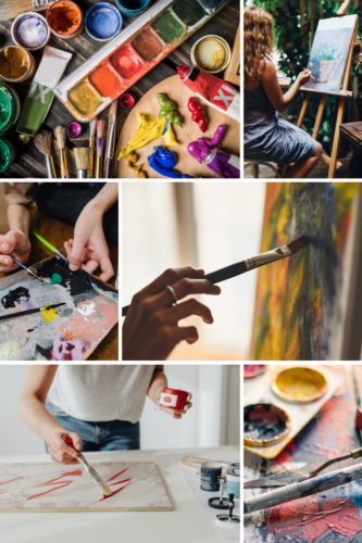 A collage of various art activities, showcasing a vibrant palette of paints, brushes, and hands engaged in painting. Images include a person painting on a canvas, close-ups of brushes and palettes, and individuals creating art.