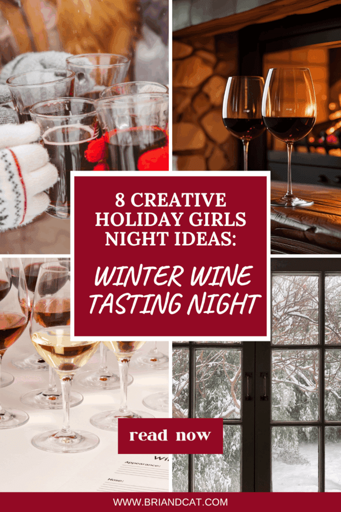 A cozy collage showcasing winter wine tasting night ideas, featuring glasses of red and white wine, a crackling fireplace, and a snowy window view, with text overlay highlighting the event.