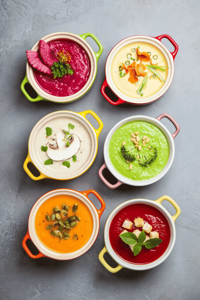 A variety of colorful soups served in small bowls, featuring vibrant hues like beetroot, butternut squash, green broccoli, creamy white, and tomato, each garnished with decorative toppings.
