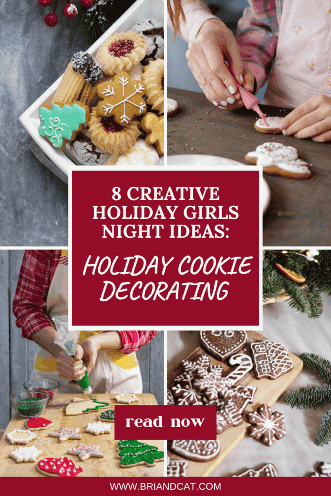 A collage featuring decorated holiday cookies, with a person piping icing onto a cookie. The images include a variety of festive cookies shaped like Christmas trees, snowflakes, and candy canes, along with bowls of colorful icing and sprinkles.