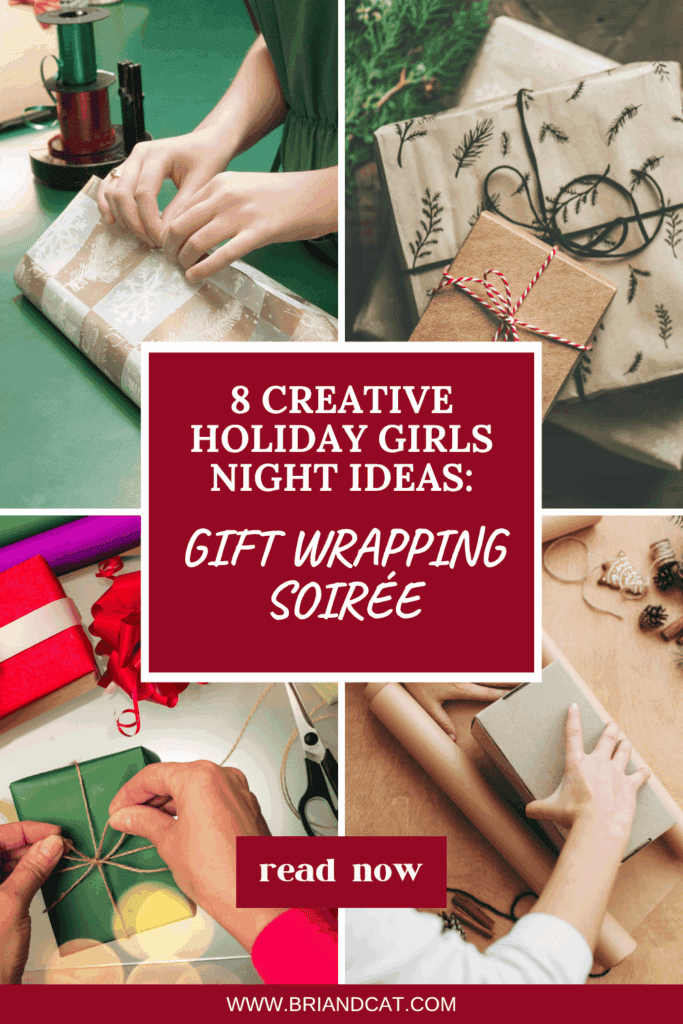 A collage of hands wrapping gifts in festive paper and twine, featuring various types of gift wrap and holiday decorations.