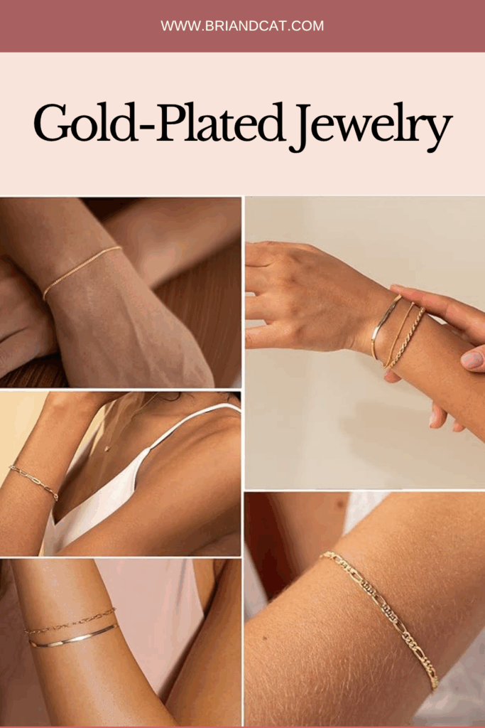 Collage of gold-plated jewelry showcasing various designs including bracelets and bangles worn on different arms.
