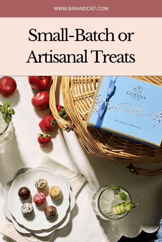 An arrangement of gourmet chocolate truffles on a white plate, with fresh strawberries and a woven basket in the background, evoking a cozy, inviting atmosphere.