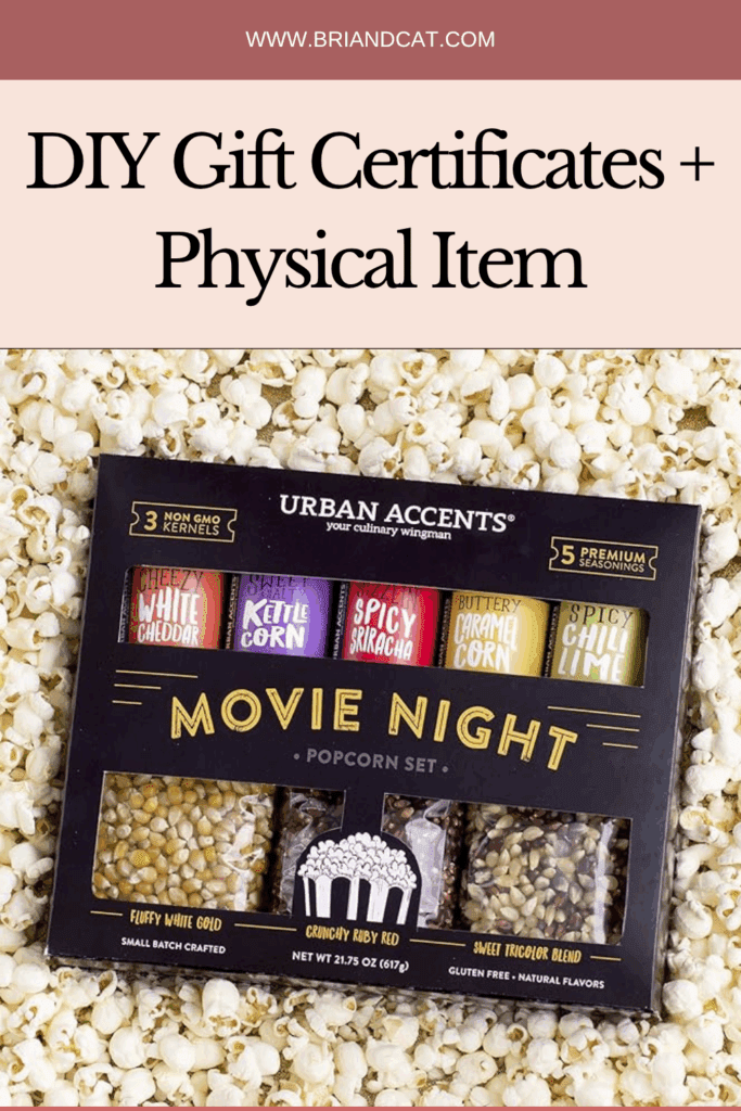 A 'DIY Gift Certificates + Physical Item' popcorn set featuring three types of kernels and seasonings, surrounded by popcorn kernels.