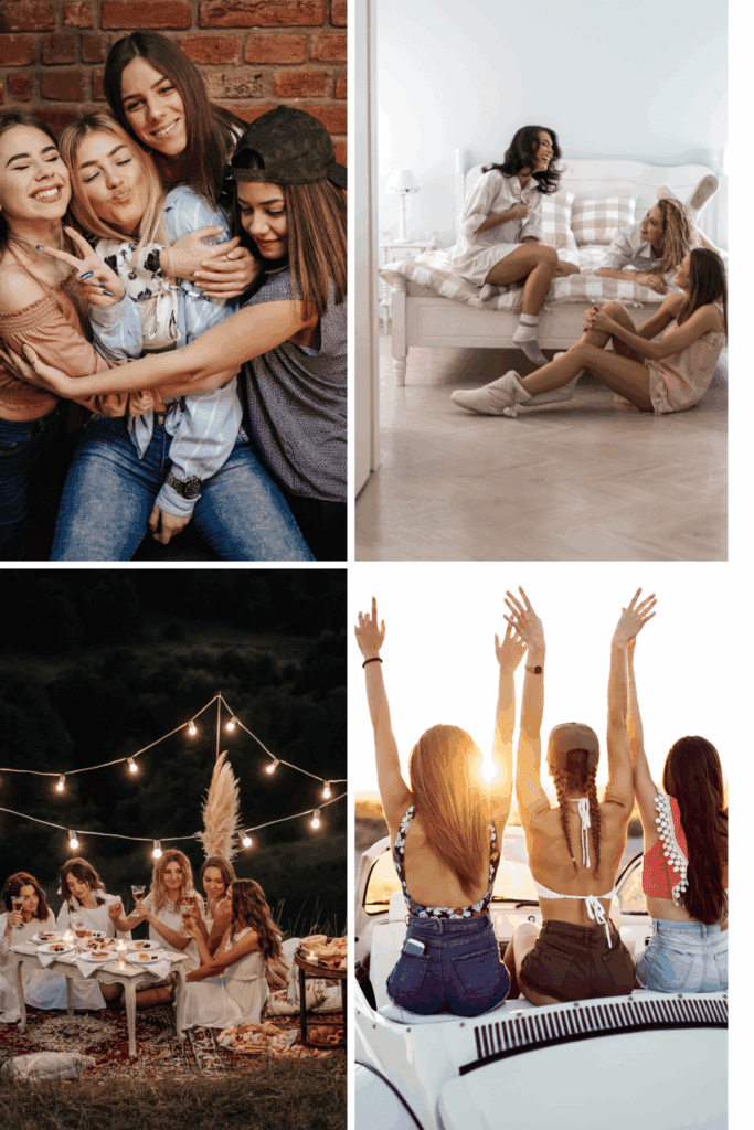 A group of four women laughing and posing together in front of a brick wall.