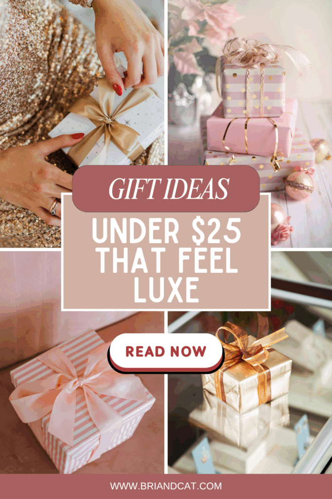 Gifts Under $25: Collage of beautifully wrapped gift boxes in various colors and patterns, featuring ribbons, displayed in an elegant setting.