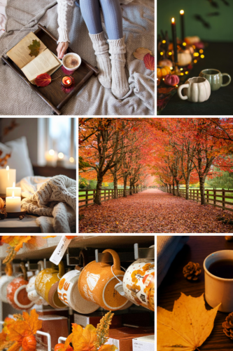 A cozy autumn scene featuring a person wrapped in a blanket, holding a book and a mug, with candles and leaves scattered on a tray.