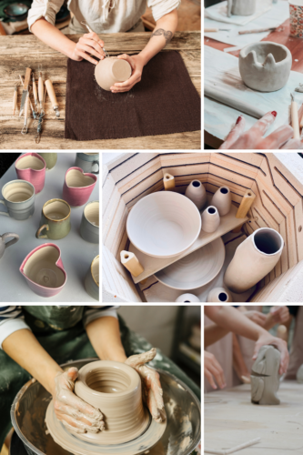 A person shaping a clay pot on a pottery wheel with their hands covered in clay.