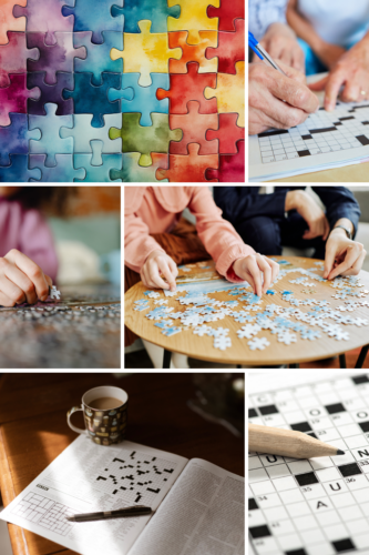 An abstract watercolor illustration of colorful jigsaw puzzle pieces.