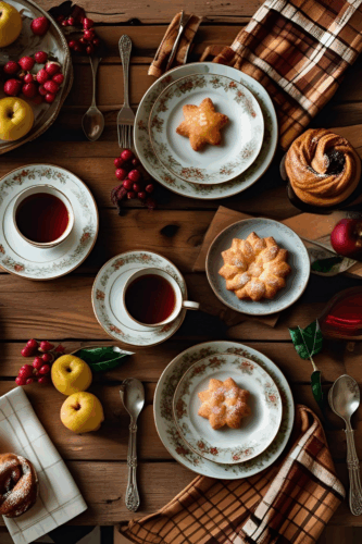 A beautifully set holiday brunch table featuring floral-patterned plates, cups of tea, and an assortment of pastries including star-shaped cakes and cinnamon rolls, surrounded by fresh fruits like apples and pears.