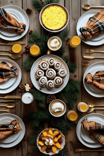 A beautifully arranged holiday brunch table featuring cinnamon rolls, crustless quiche, fruit skewers, and mimosas, surrounded by greenery and plaid accents.