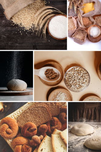 A collection of grains and flour, including wheat and various types of flours displayed in bowls.