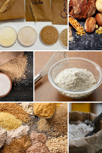 An assortment of flours in labeled bags, featuring whole grains and a rustic loaf of bread on a dark surface.