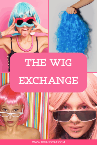 A collage showcasing various women wearing colorful wigs and playful accessories, promoting the concept of 'The Wig Exchange' for a fun bachelorette activity.