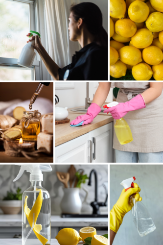 A woman cleaning a window with a spray bottle.