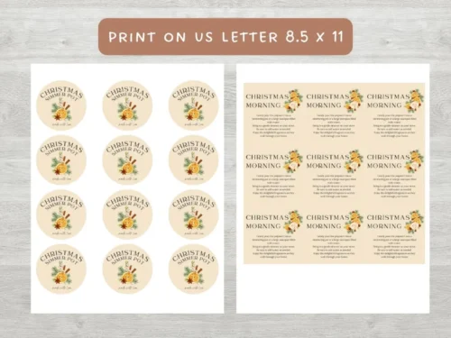 Printable labels for homemade Christmas simmer pot gifts, featuring circular labels on one side and rectangular labels with instructions on the other.