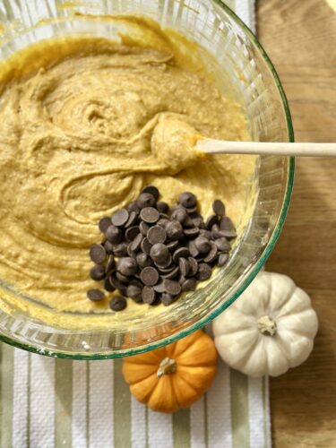 A bowl of pumpkin bread batter with chocolate chips, surrounded by small decorative pumpkins.