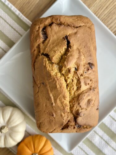 A golden-brown loaf of pumpkin bread cooling on a white plate, surrounded by small decorative pumpkins, showcasing its moist texture and spices.