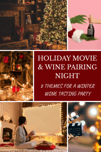 A cozy living room decorated for the holidays with a fireplace, Christmas tree, and a warm ambiance, featuring elements for a holiday movie and wine pairing night.