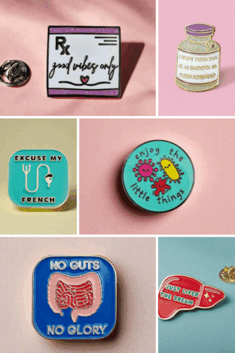 A collage of colorful enamel pins featuring various healthcare-themed designs such as a prescription note, humorous phrases, and playful graphics.