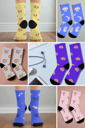 A collage of fun and colorful socks featuring various medical and anatomical designs, including hearts, bones, and playful patterns.
