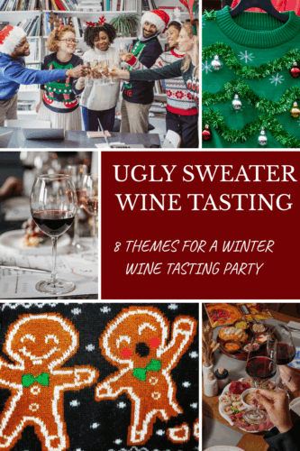 A group of friends celebrating an Ugly Sweater Wine Tasting, showcasing festive attire and wine glasses.