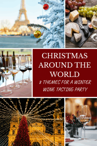 A festive collage showcasing elements of a Winter Wine Tasting Party, including decorated wine glasses, holiday lights, and seasonal imagery.