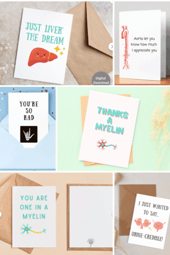 A collection of humorous and inspirational greeting cards related to healthcare and anatomy, featuring playful designs and clever puns.