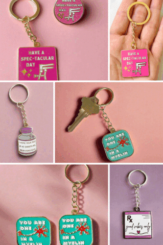 A collection of cute healthcare-themed keychains featuring inspirational quotes and playful designs, including a keychain with a syringe, a medication-themed charm, and a humorous saying.
