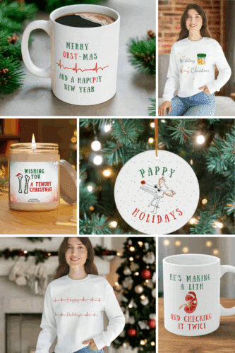 Collage of healthcare-themed holiday gifts including a coffee mug, sweater, candle, ornament, and festive decorations.