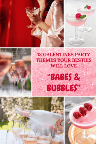 A collage featuring cocktails, glam aesthetics, and sparkling drinks representing a 'Babes & Bubbles' Galentine's party theme.
